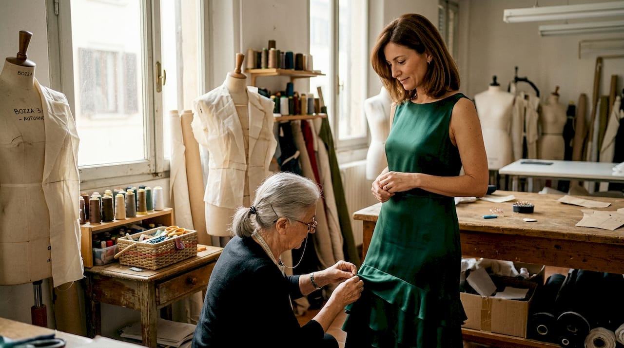 Una sarta prende le misure su una cliente per adattare un abito d’alta moda.