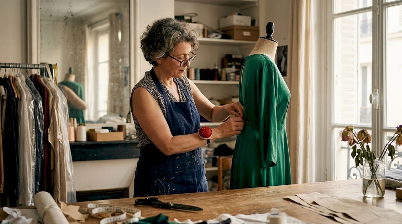 Numa casa de alta-costura, uma costureira dedica-se a fazer ajustes minuciosos num vestido, garantindo que cada detalhe fique perfeito.