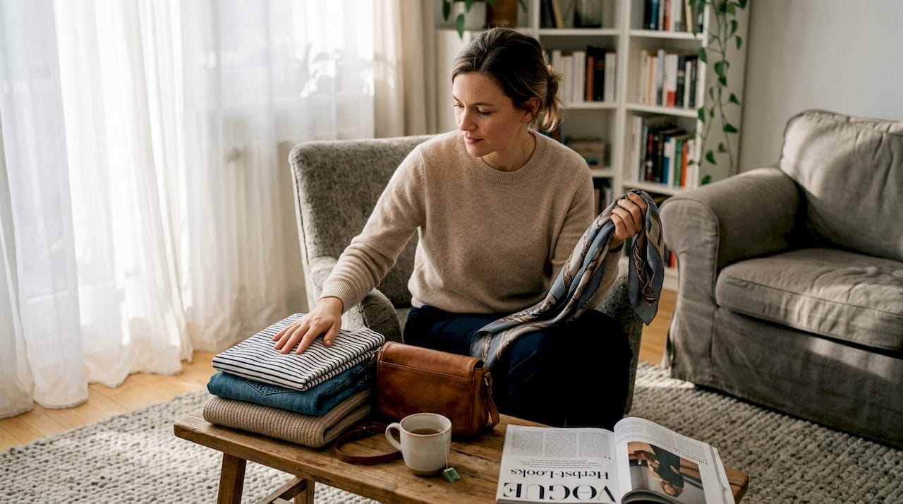 Eine Frau stellt im Wohnzimmer stilvolle Outfits aus luxuriöser Kleidung zusammen.