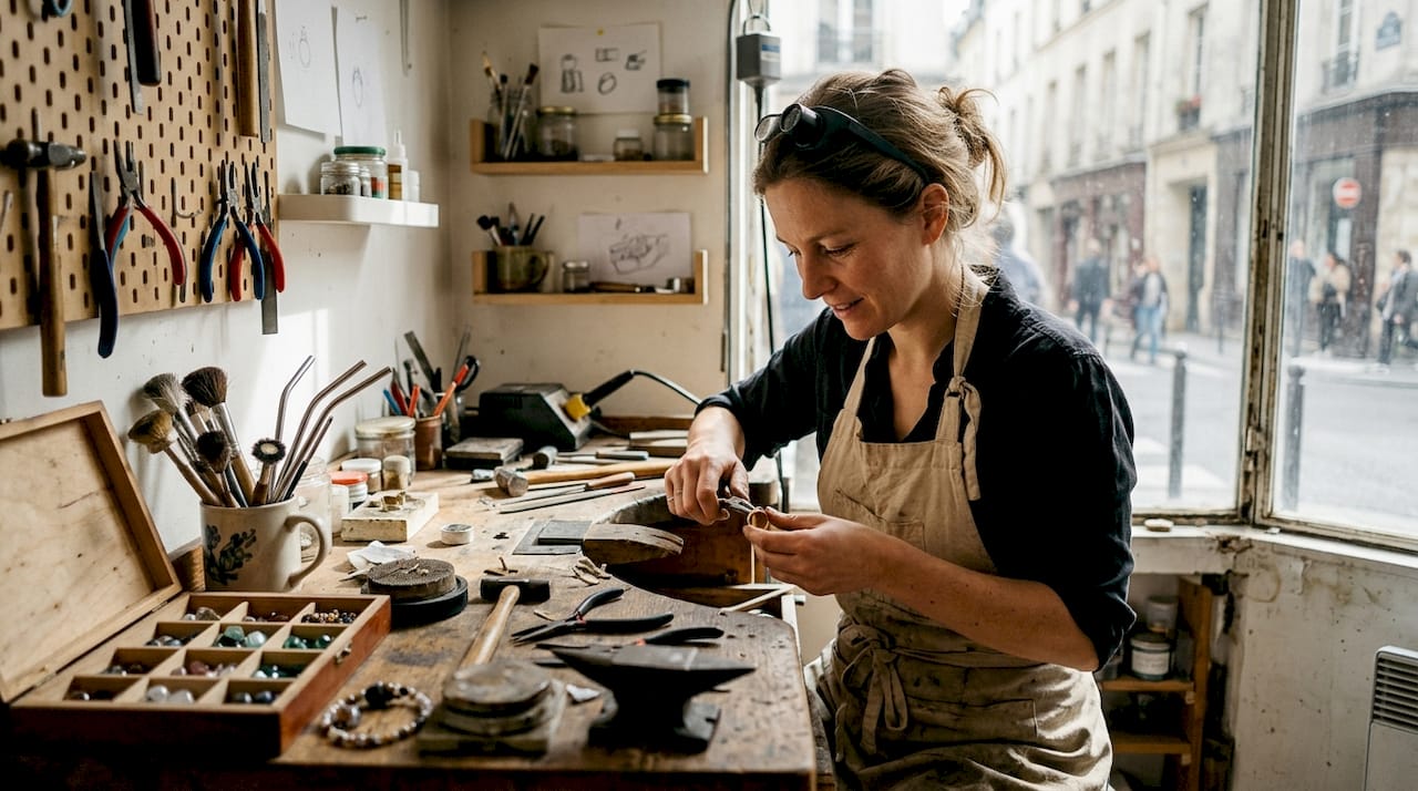 À l’établi, une créatrice donne vie à une bague haute couture, mêlant savoir-faire et créativité.