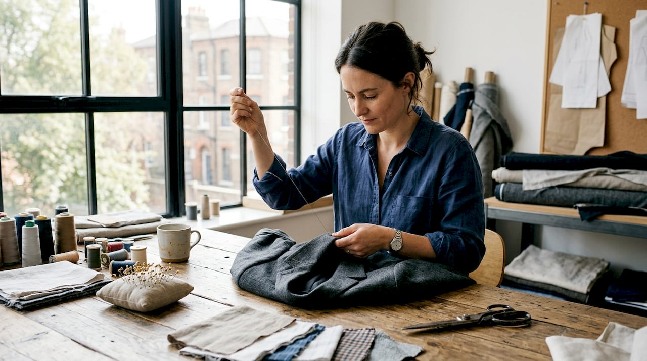 In zijn atelier werkt de designer met de hand aan een luxe jas, waarbij elk steekje met zorg wordt gezet.