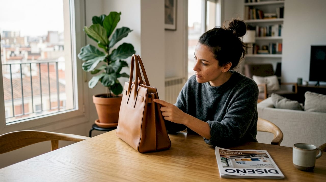 Una mujer inspecciona cuidadosamente su bolso de diseñador apoyado sobre la mesa.