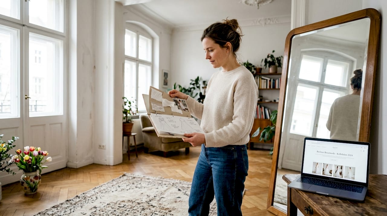 Zu Hause steht die Braut vor dem Spiegel und wirft einen letzten Blick auf ihr Moodboard, um sicherzugehen, dass alles perfekt zusammenpasst.