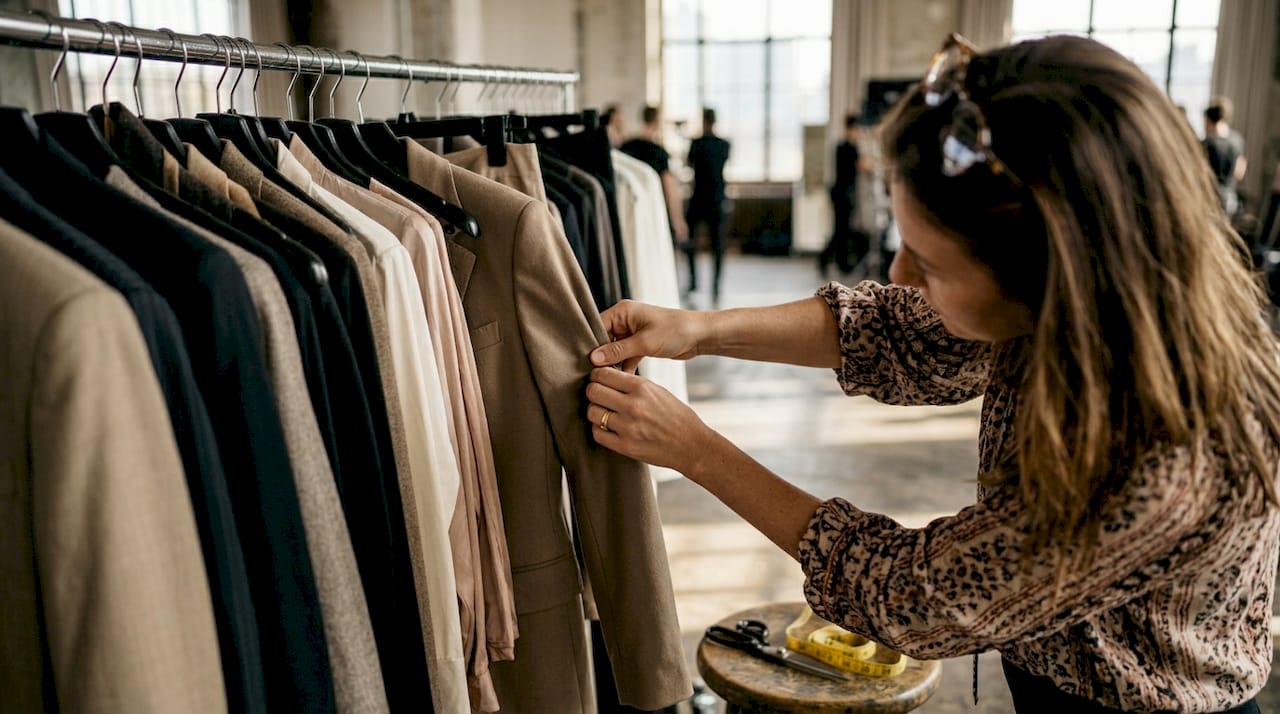 Una stylist sistema con cura gli abiti firmati dietro le quinte, preparando ogni look per la sfilata.