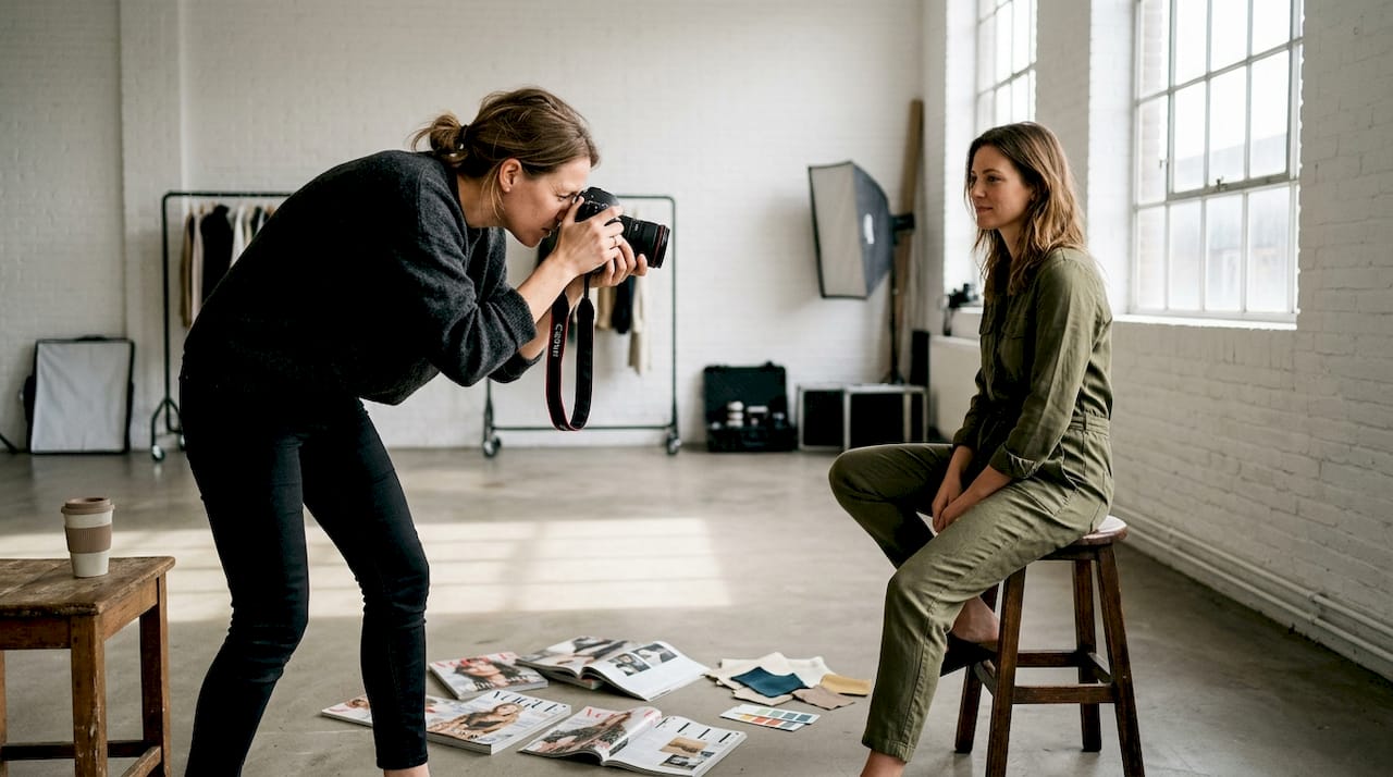 Een modefotograaf en een model aan het werk in een professionele studio