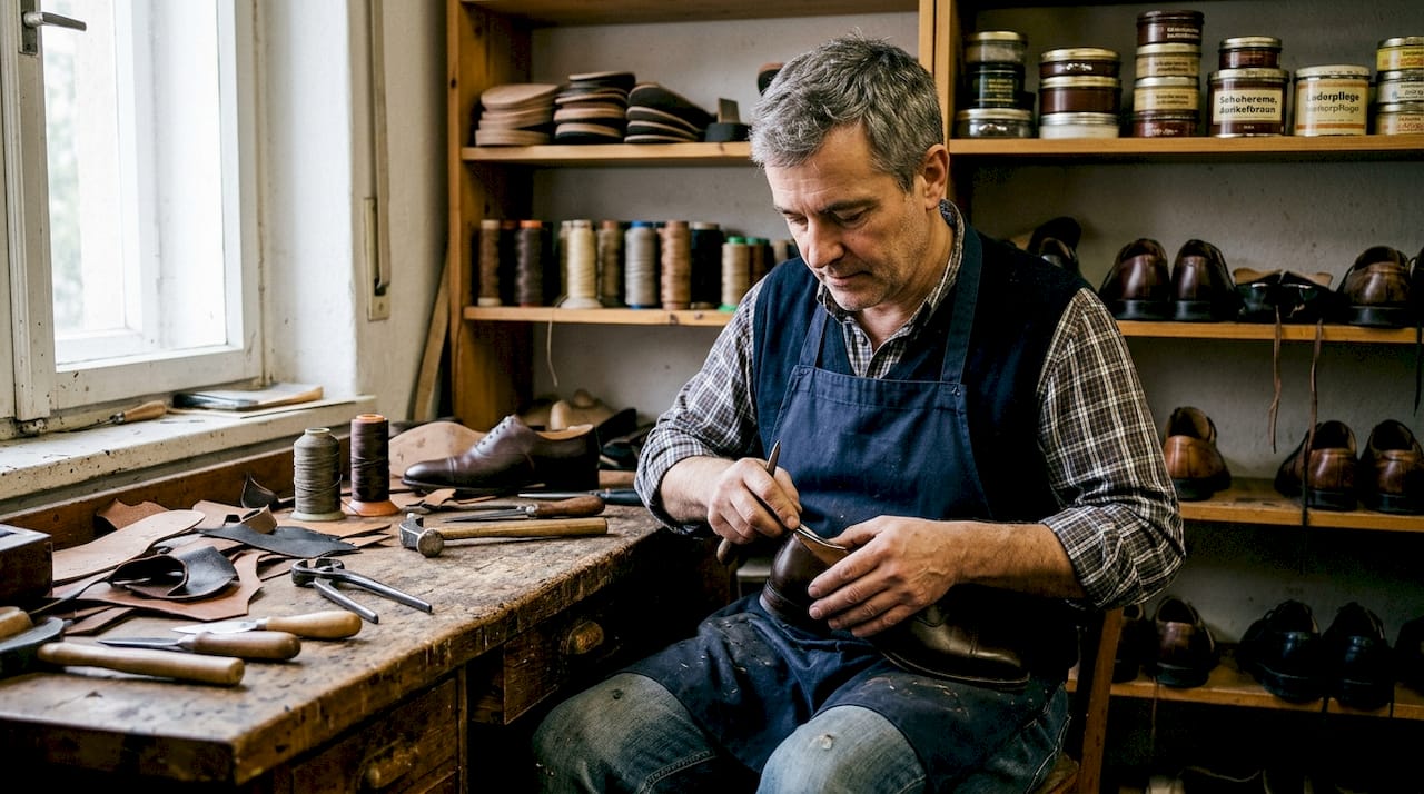 In seiner Werkstatt fertigt der Schuhmacher edle Lederschuhe in Handarbeit.
