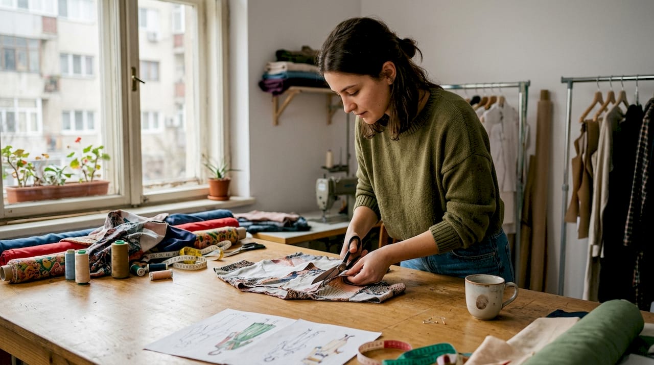 O tânără creativă decupează materiale pentru noile sale proiecte, concentrată în atelierul ei.