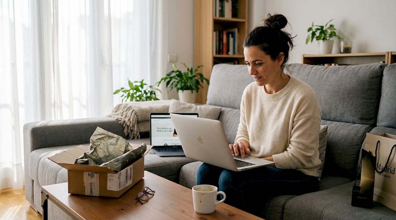 Una mujer explora tiendas online de moda exclusiva desde la comodidad de su hogar.