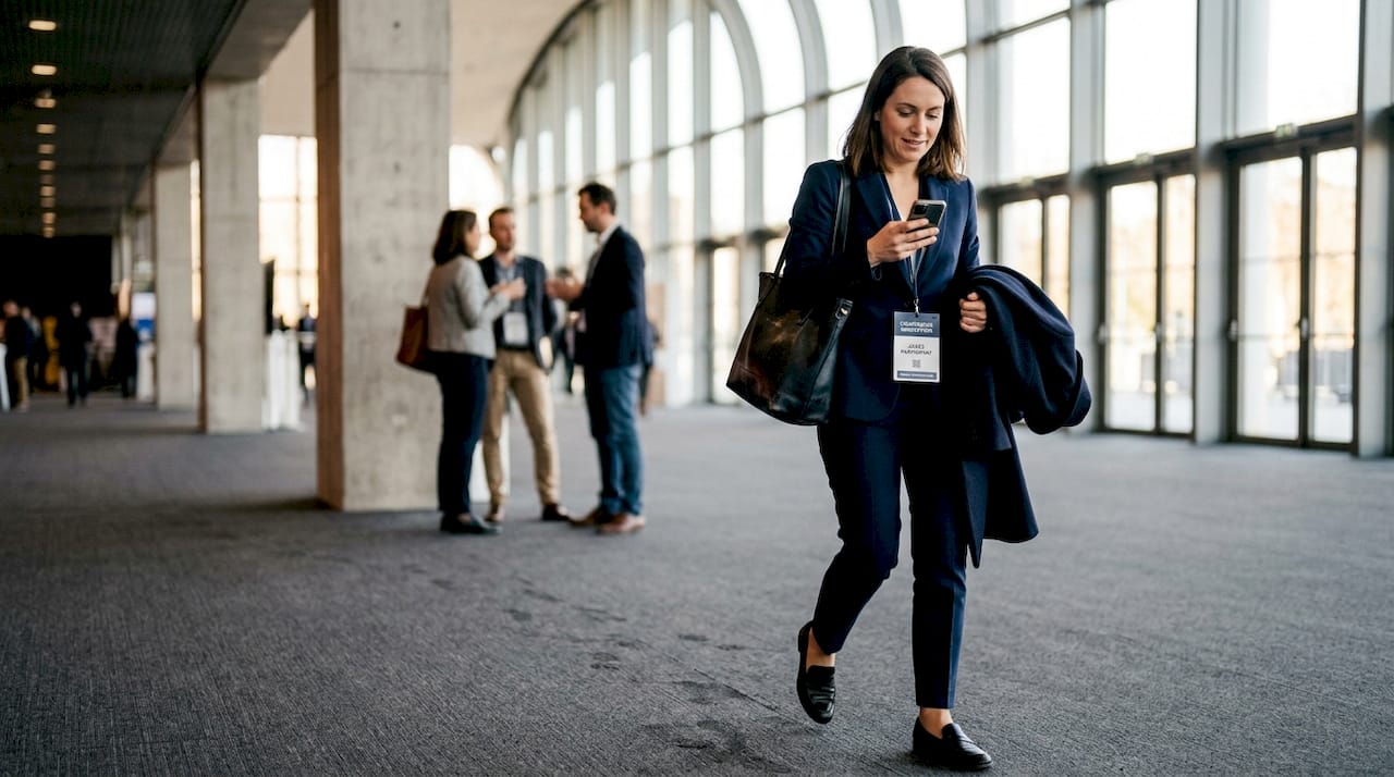 Une femme distinguée fait son entrée lors d’une soirée professionnelle.