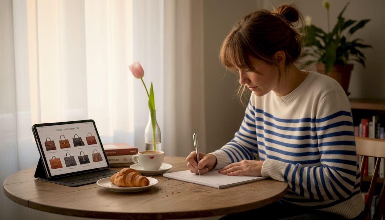 Een vrouw zit met haar tablet aan tafel en maakt een boodschappenlijstje, terwijl haar tassen naast haar staan.