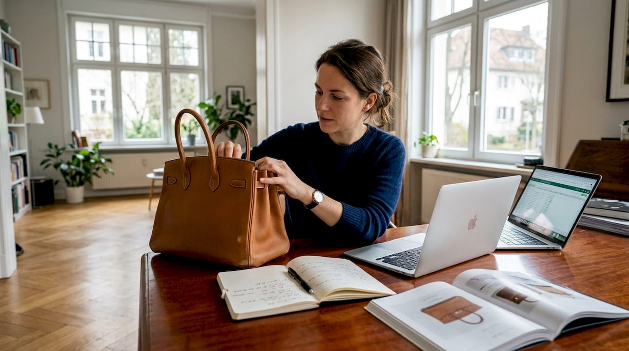 Eine Frau begutachtet ihre Designer-Handtasche am Arbeitsplatz.
