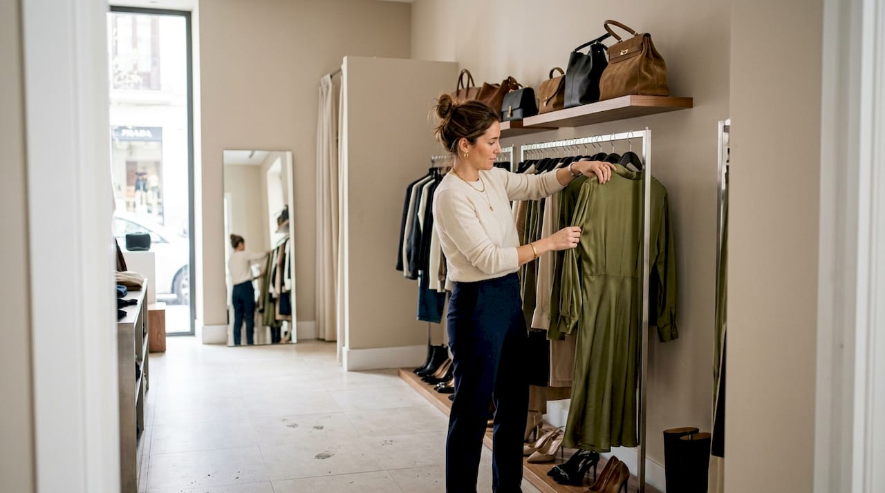 La encargada acomoda cuidadosamente un vestido en una boutique de lujo.