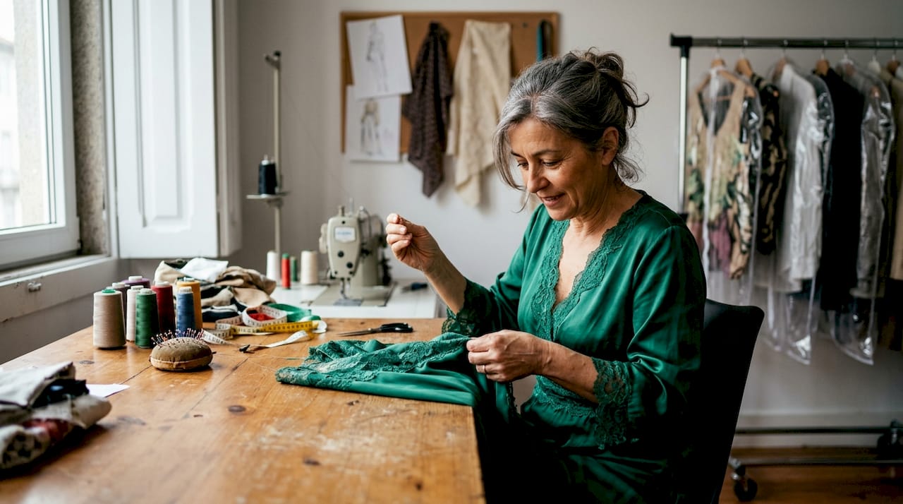 Costureira faz ajustes a um vestido no atelier.