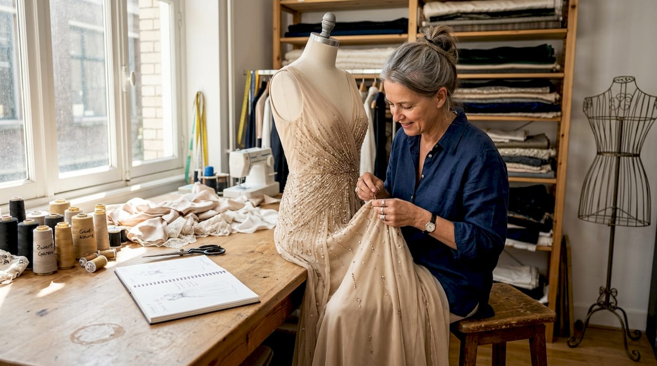 In een zonnig atelier werkt een modeontwerpster geconcentreerd aan de fijne details van een jurk.