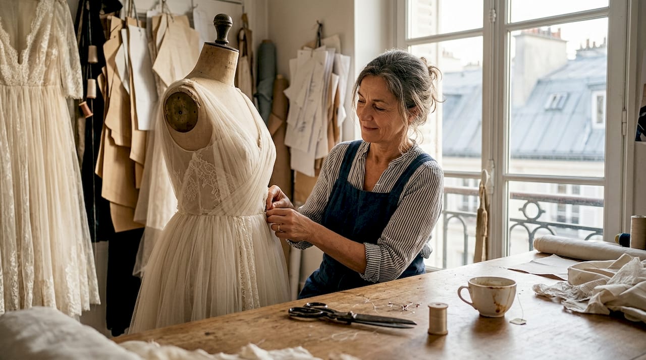 Diseñadora de moda retocando un vestido en su atelier de alta costura