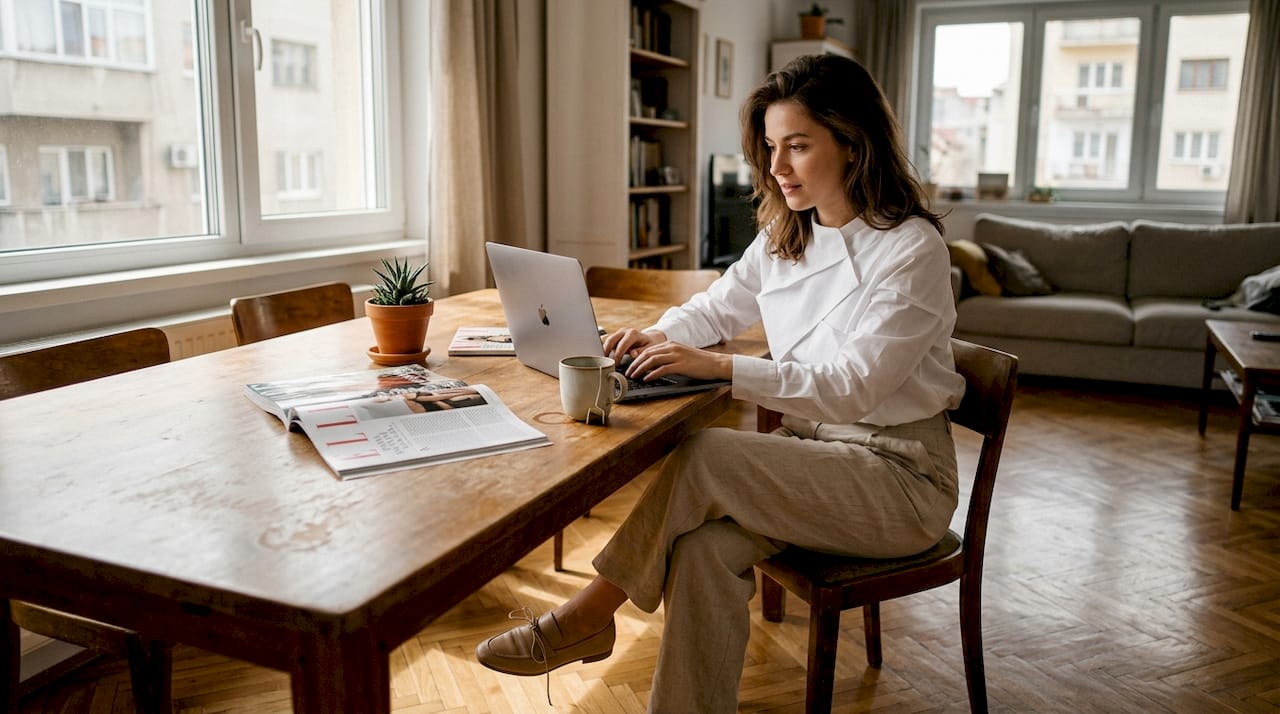 O tânără urmărește ultimele tendințe în modă de pe laptop, chiar din confortul casei.