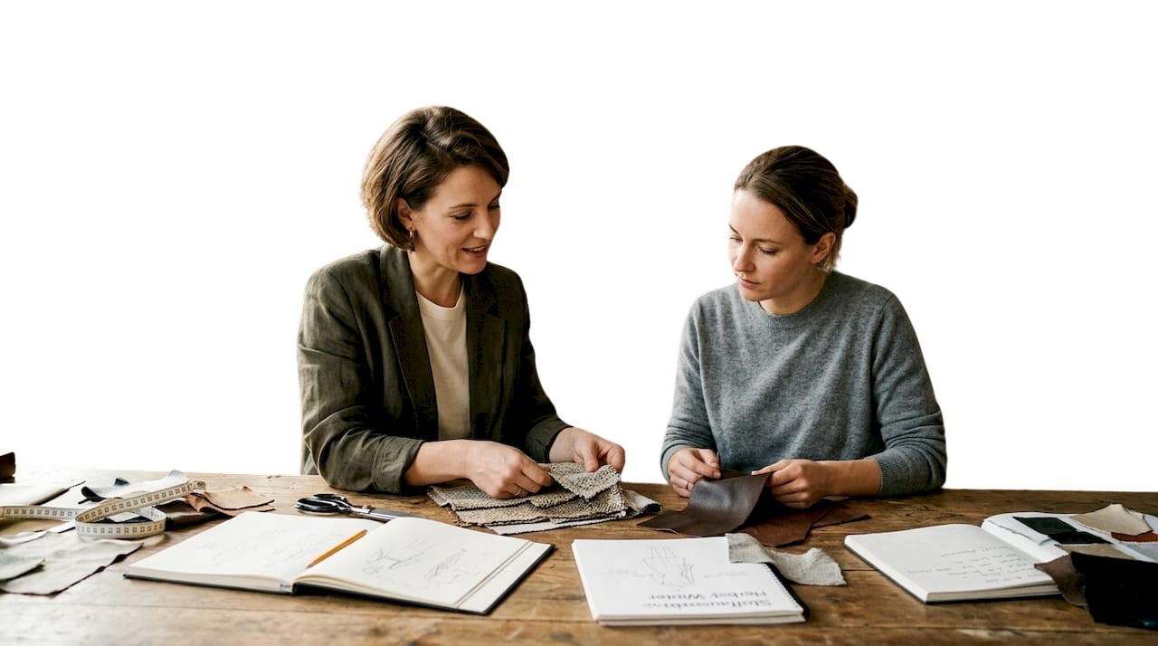 Im Atelier berät die Modeexpertin ihre Kundin bei der Auswahl passender Stoffe.