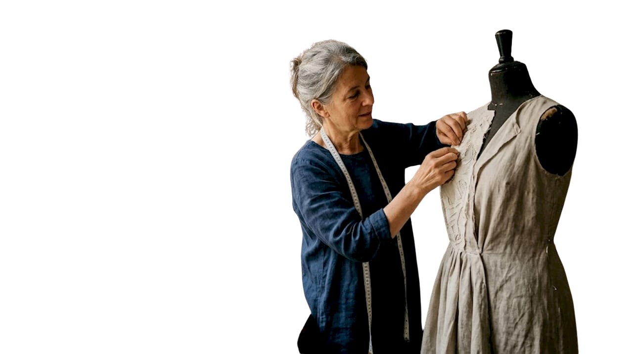 Dans son atelier, la couturière ajuste délicatement le tissu sur le mannequin, prête à donner vie à sa prochaine création.