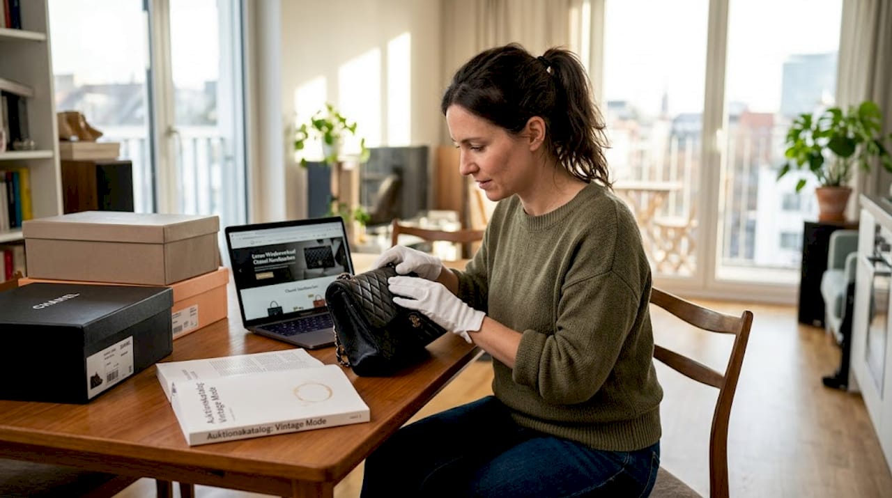 Frau testet und bewertet Luxus-Secondhand-Handtasche