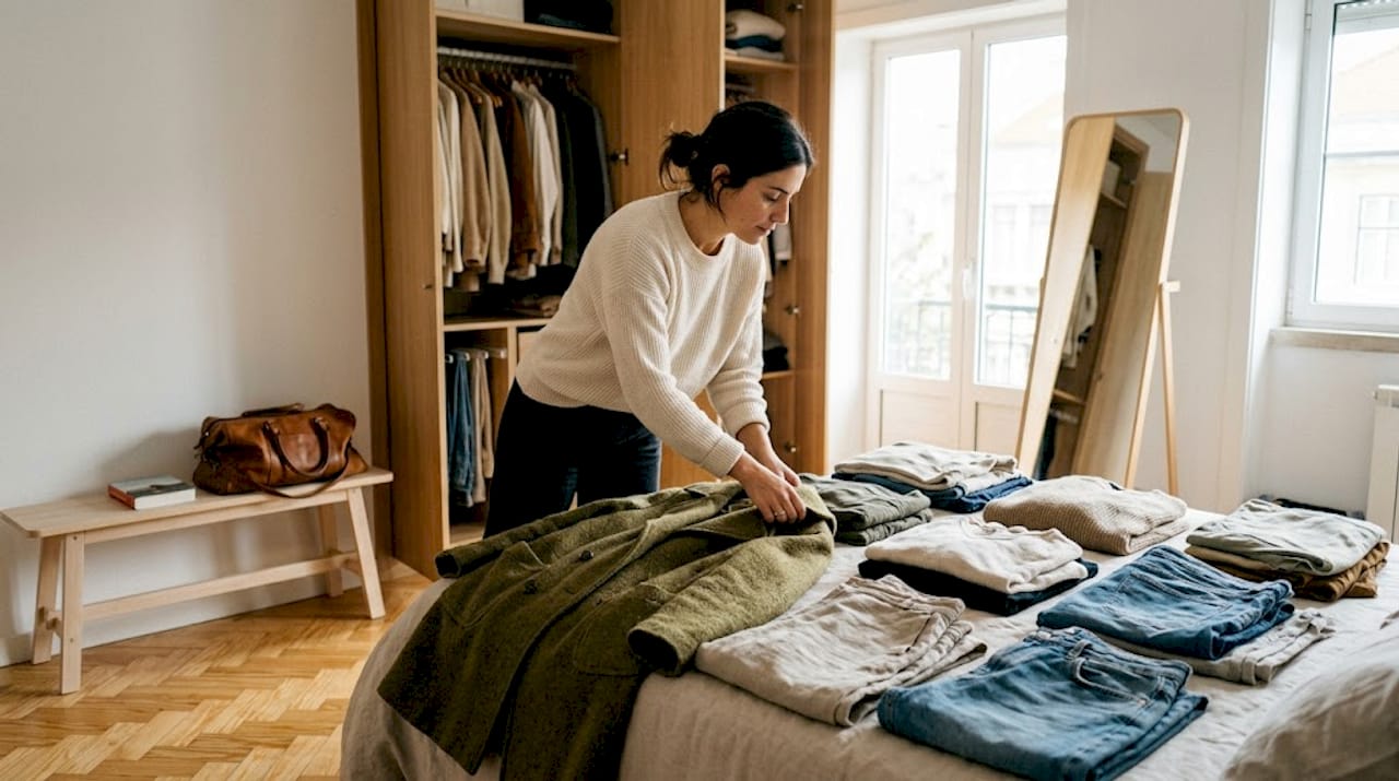 Mulher decide o que vestir num quarto impecavelmente arrumado