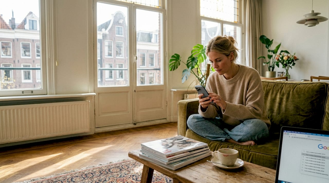 Terwijl ze ontspannen op de bank zit, ontdekt een vrouw de nieuwste modetrends via haar telefoon.
