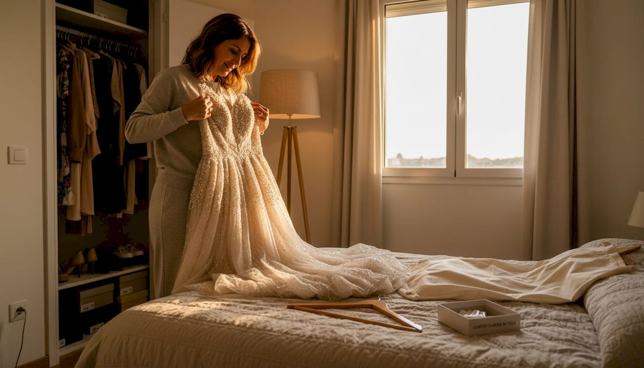 Mujer probándose un vestido de alta costura frente al espejo de su dormitorio