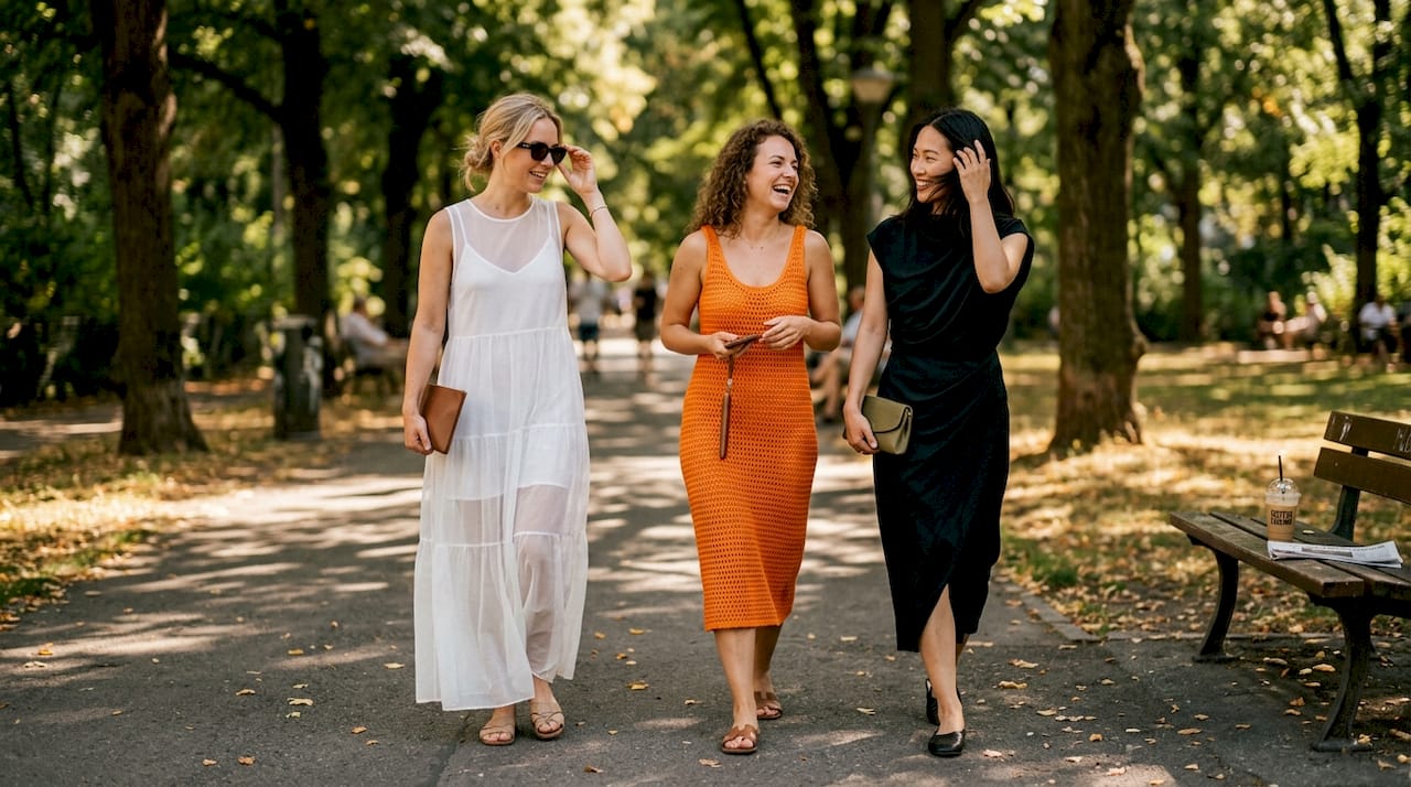 Stilvoll gekleidete Frauen flanieren im Sommer 2026 durch den Park und präsentieren die neuesten Modetrends.