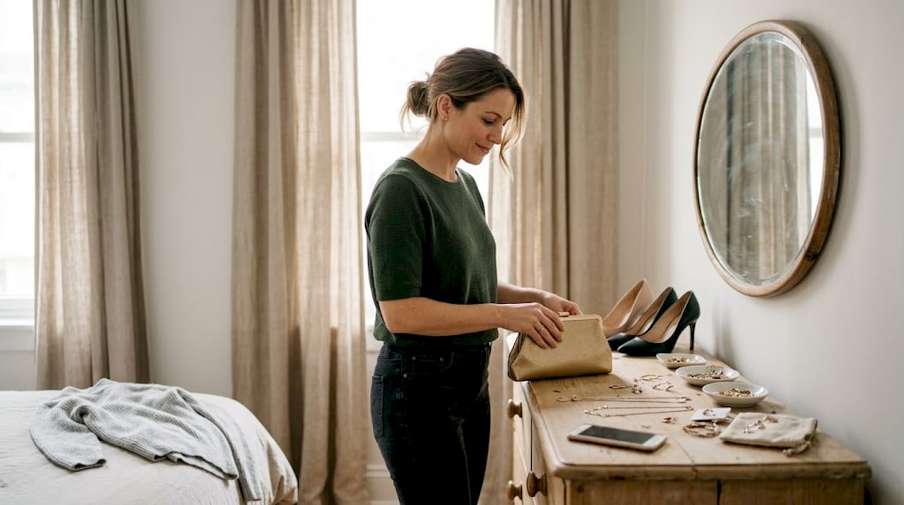 Une femme choisit ses accessoires de soirée dans sa chambre.