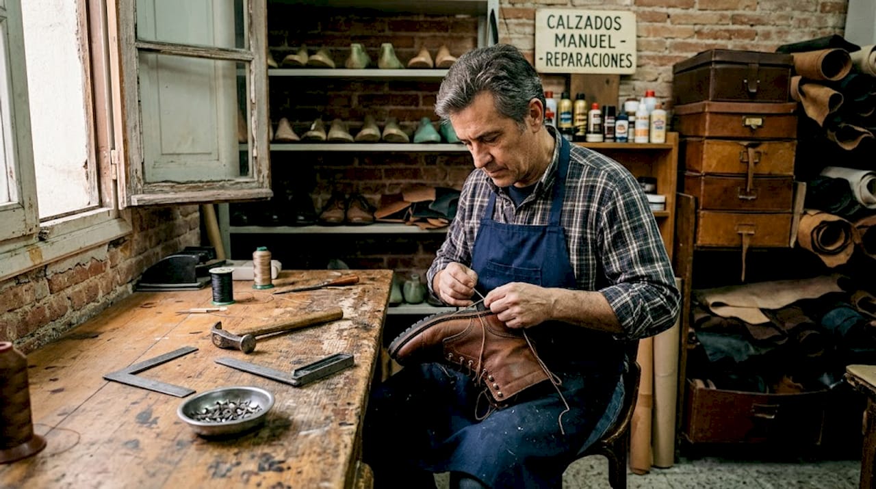 Maestro zapatero elaborando a mano un zapato de alta gama en su taller
