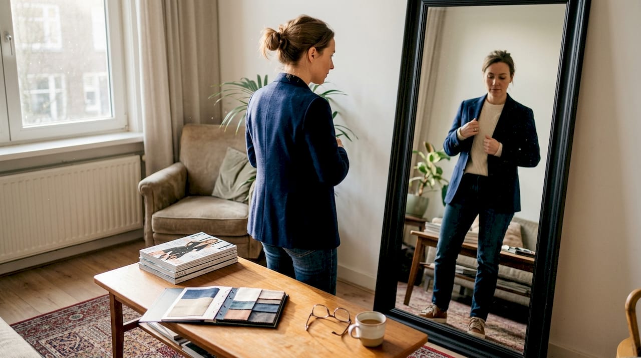 Vrouw past op haar gemak een op maat gemaakt colbert thuis