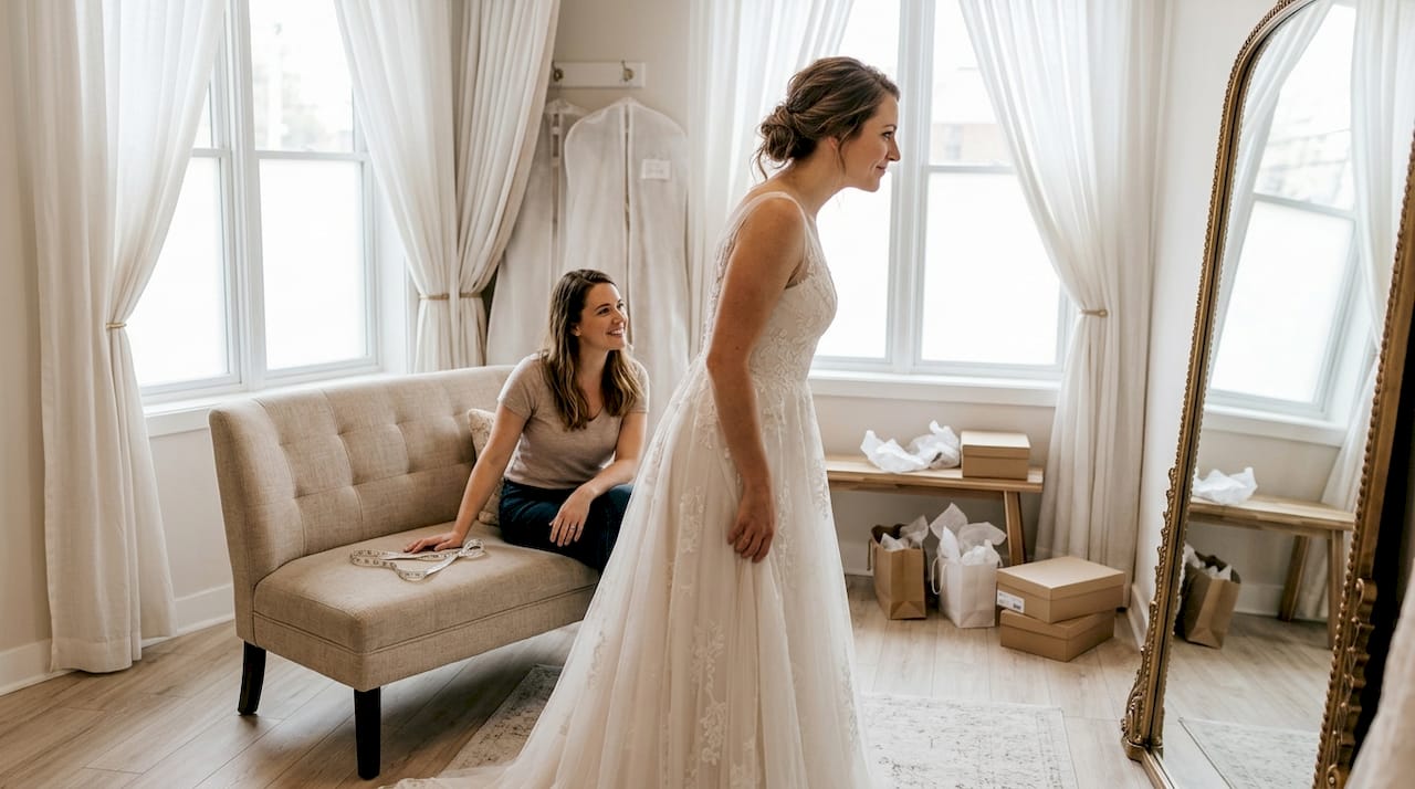 Une femme en train d’essayer sa robe de mariée dans un salon spécialisé