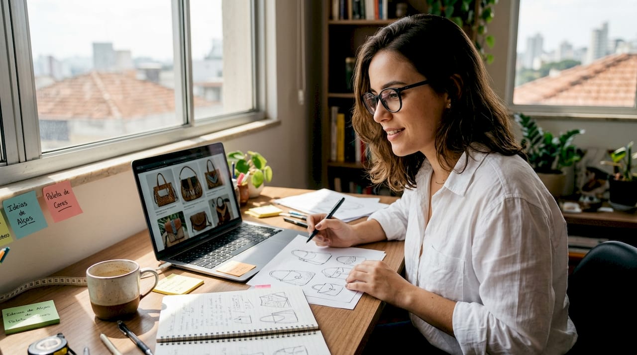 Designer revê esboços no seu escritório em casa