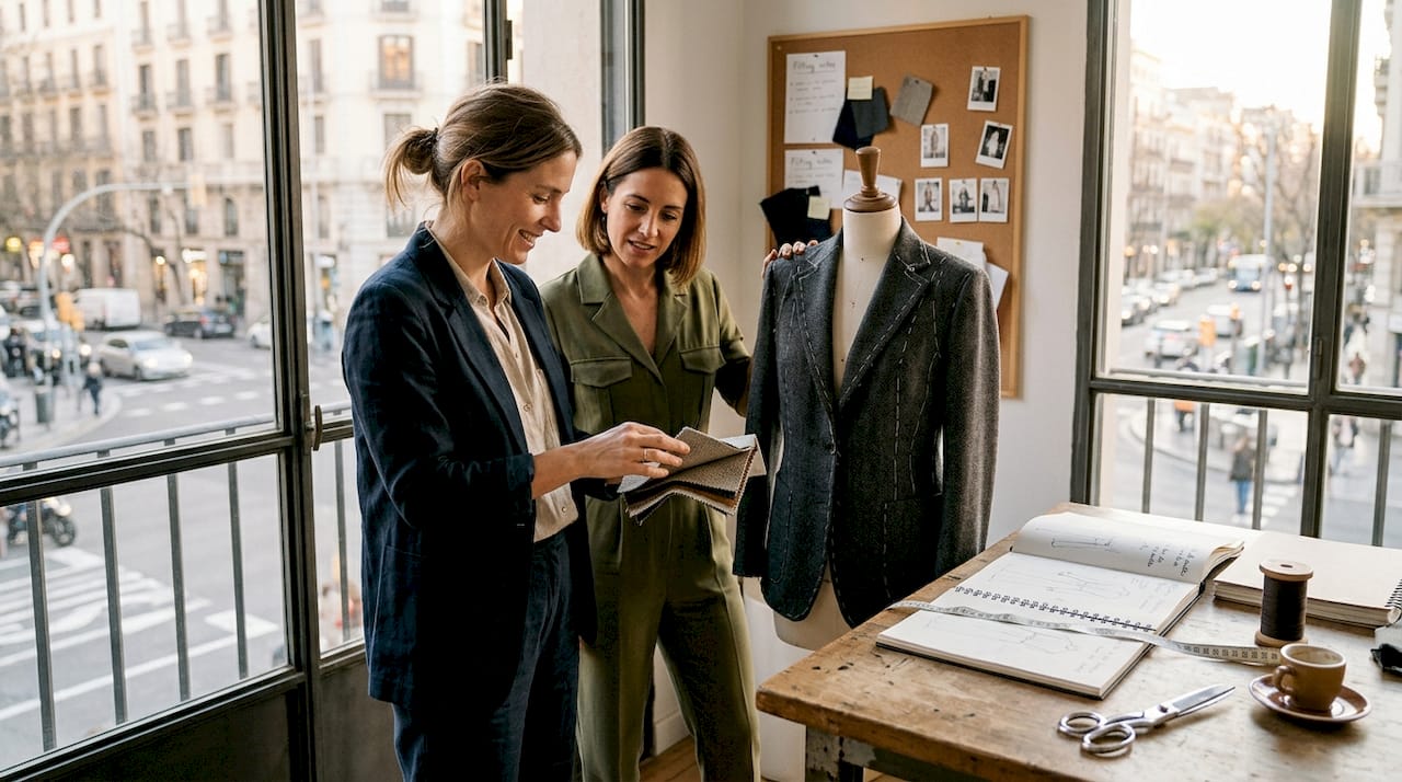 Diseñador y cliente durante una prueba exclusiva en un atelier de alta costura