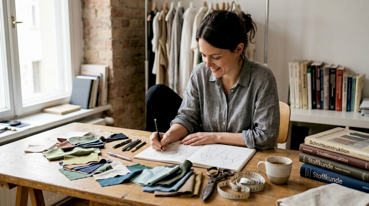 Eine Modedesignerin entwirft neue Kollektionen in ihrem Atelier.
