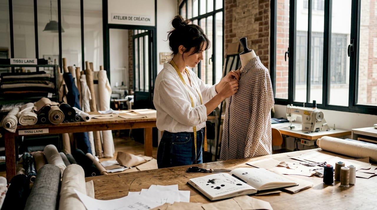 Un créateur ajuste délicatement un tissu avant-gardiste sur un buste de couture, donnant vie à ses idées les plus innovantes.