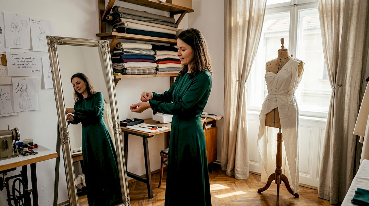 O femeie își potrivește rochia de designer într-un atelier de croitorie.