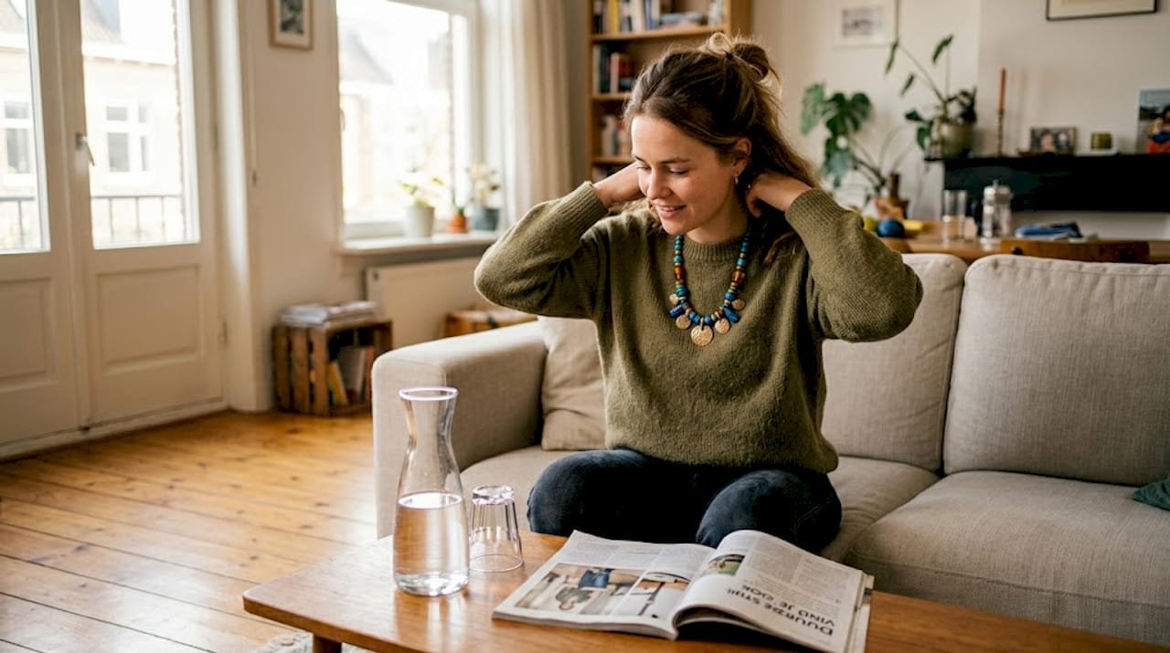 In de woonkamer doet een vrouw een opvallende ketting om.