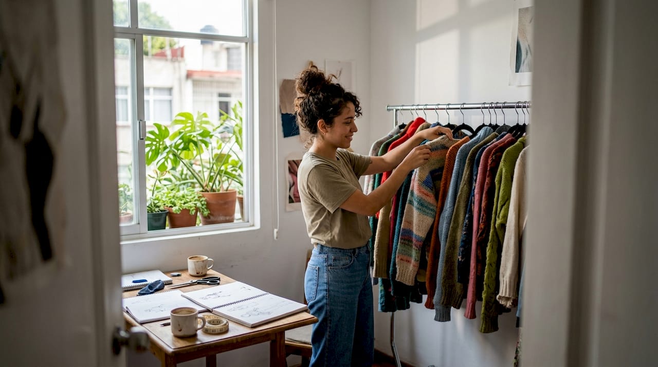 Una diseñadora revisa y elige prendas alternativas en el salón de su casa.