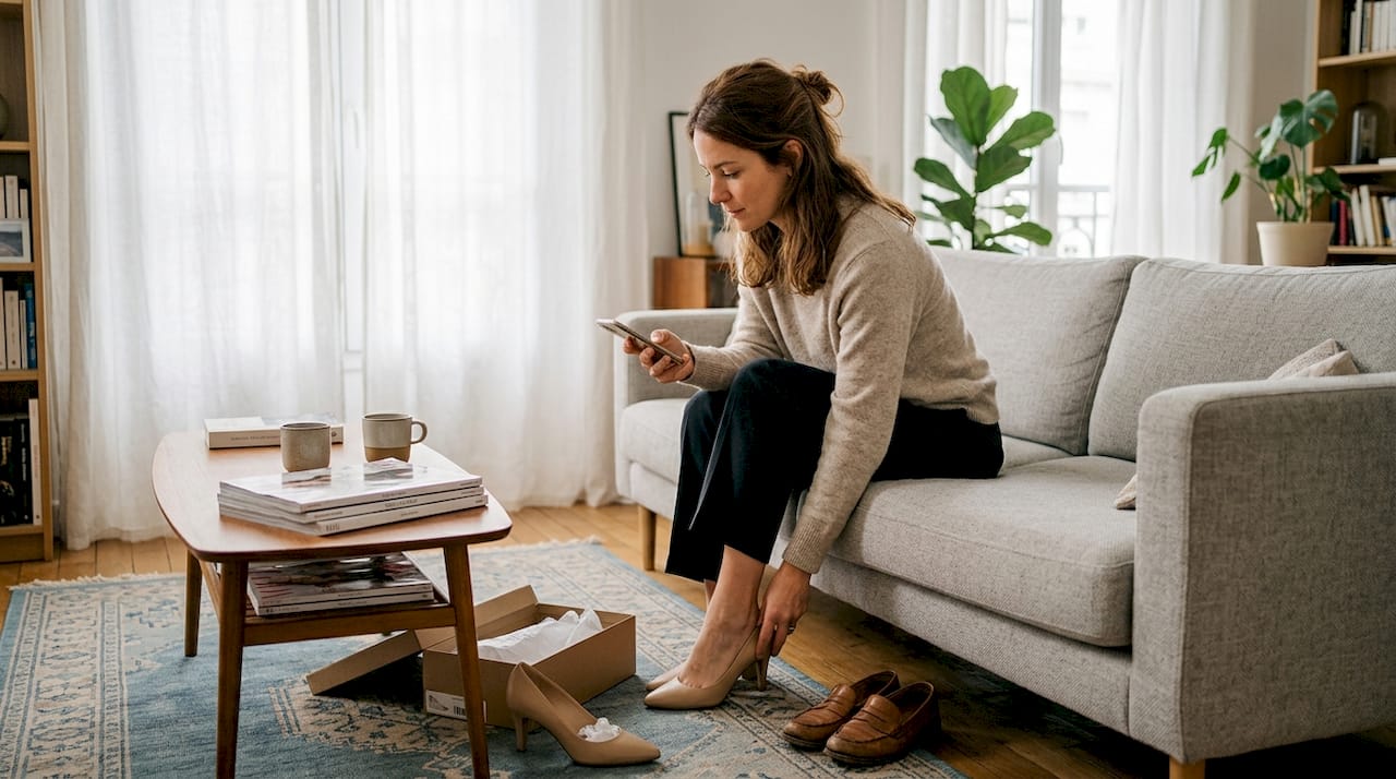 Dans un salon au style contemporain, une femme essaie une paire d’escarpins de luxe.