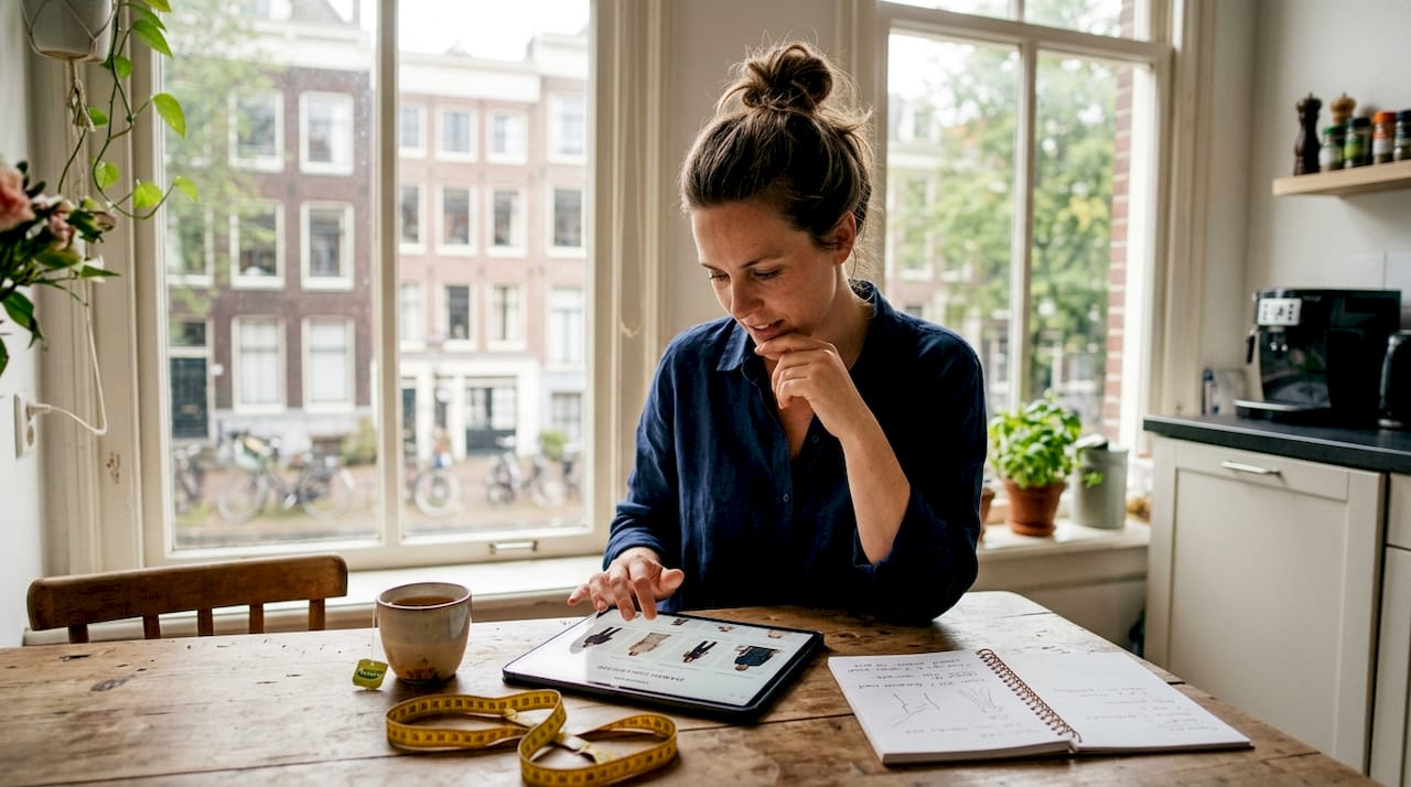 Een vrouw zit aan de keukentafel rustig door een online aanbod van op maat gemaakte kleding te scrollen.