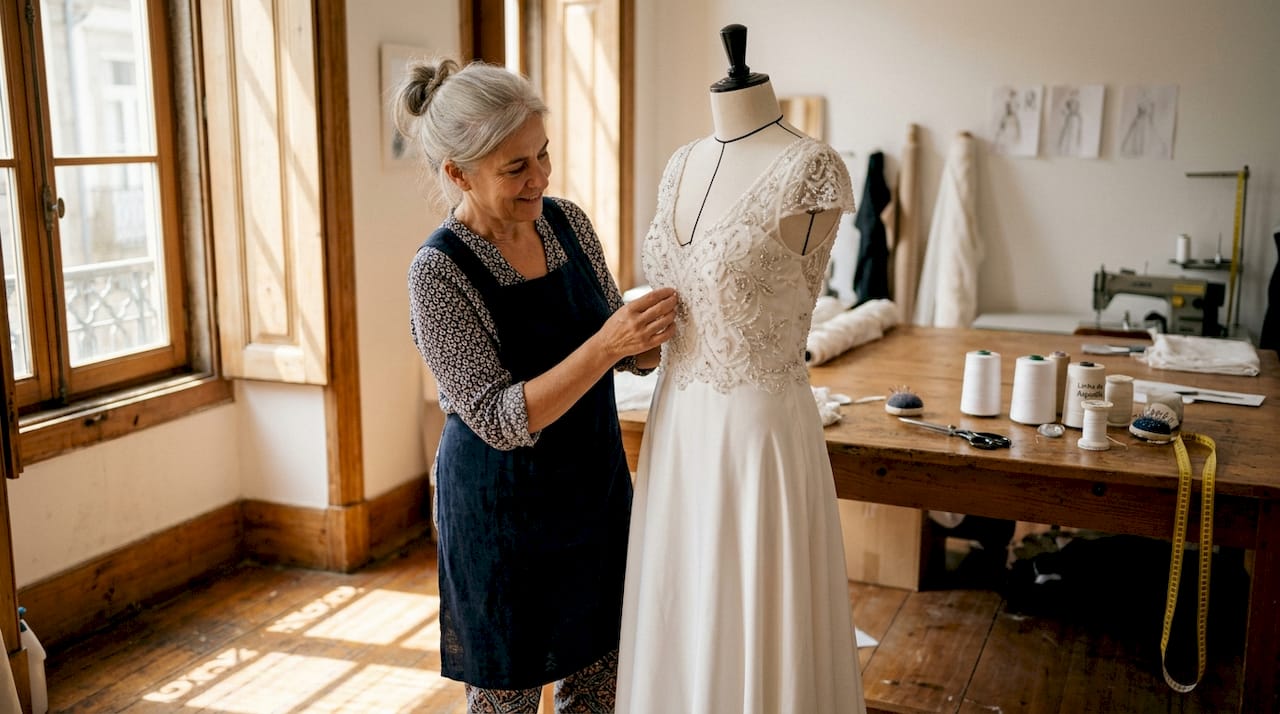 Costureira analisa minuciosamente um vestido de noiva de luxo no seu atelier.