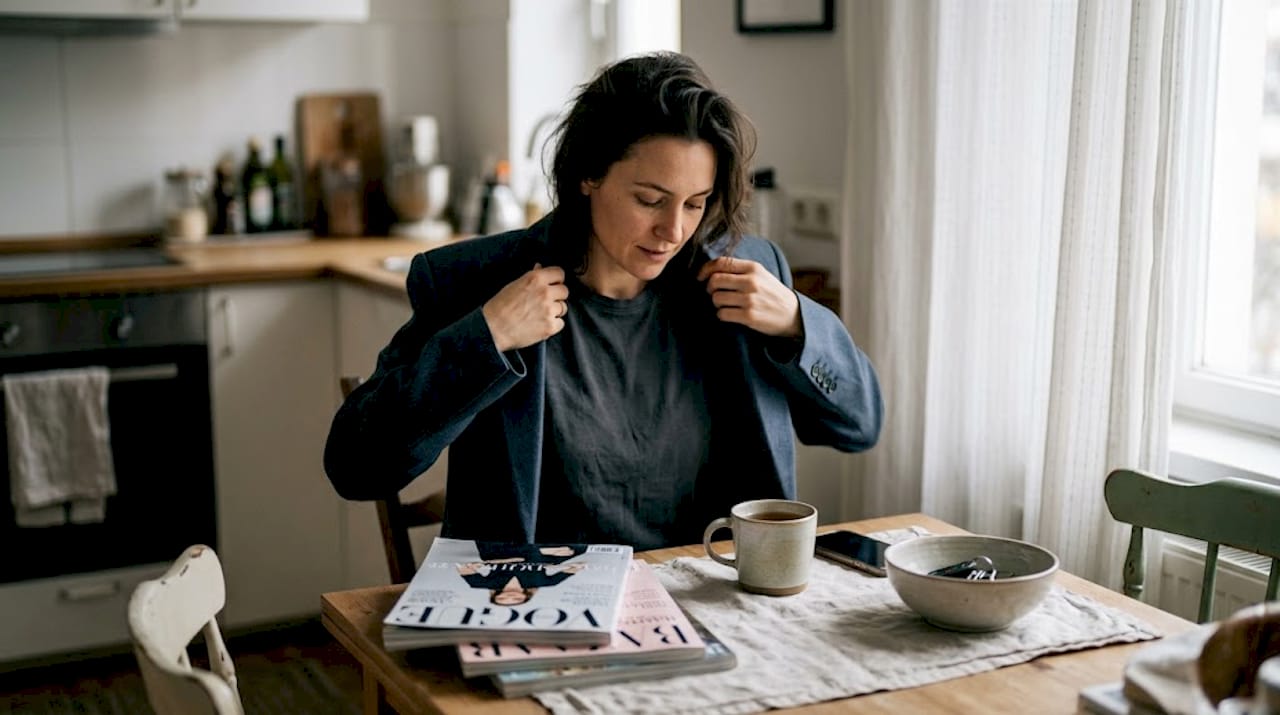 Eine Frau kombiniert an ihrem Küchentisch verschiedene Outfits mit einer Designerjacke.