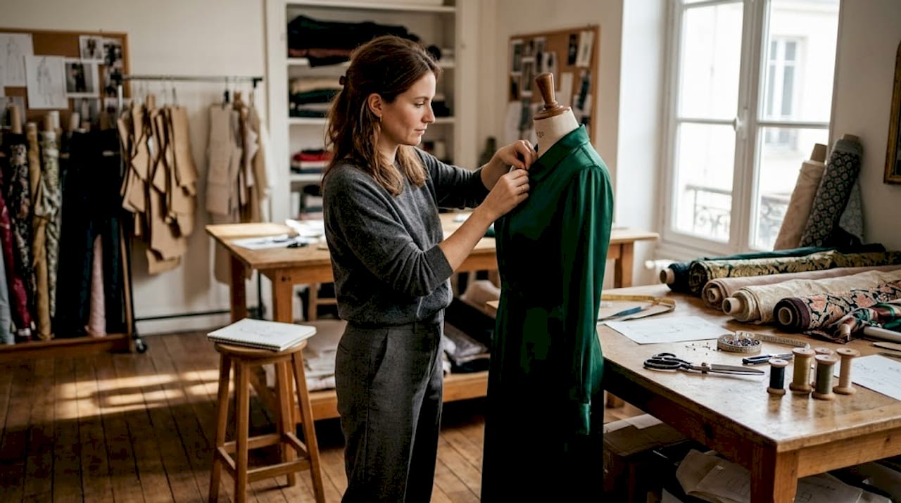 Une créatrice ajuste minutieusement une robe sur son mannequin, au cœur de son atelier de couture.