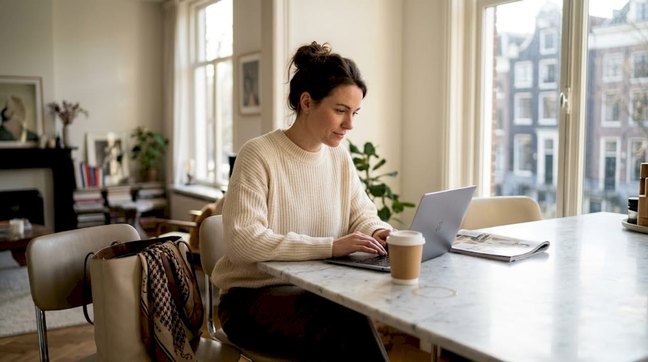Terwijl ze aan de keukentafel zit, scrollt een vrouw ontspannen door een luxe modewebshop.