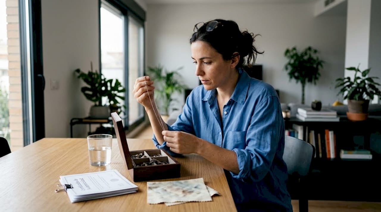 Una mujer examina varias joyas sobre una mesa de diseño moderno.