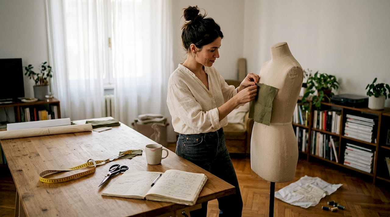 Una stilista al lavoro nel suo atelier di casa, intenta a fissare la stoffa su un modello con spilli.