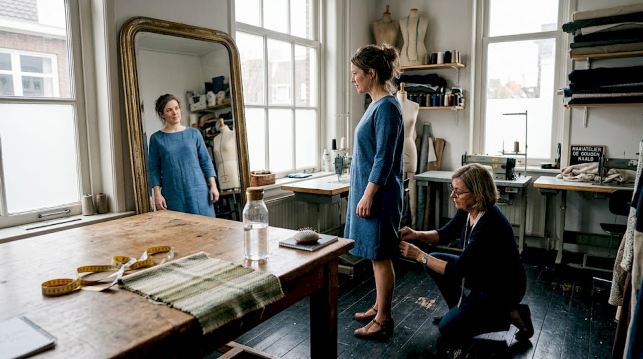 Een vrouw past een zelfgemaakte jurk in het atelier.