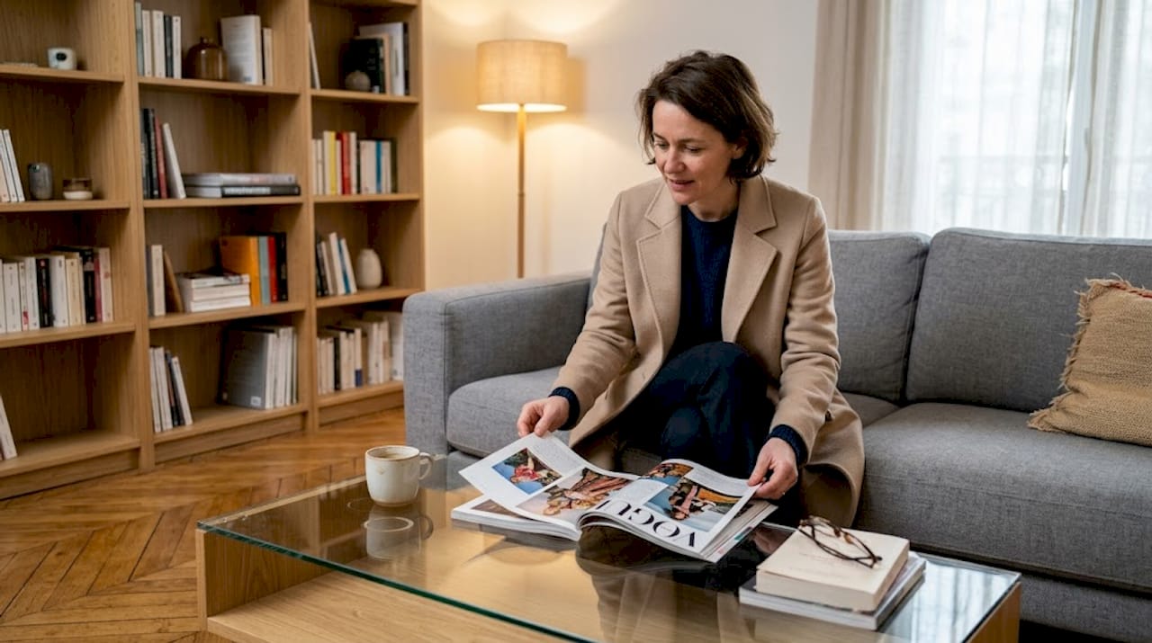Une femme raffinée, installée dans un salon épuré, parcourt les pages d’un magazine avec élégance.