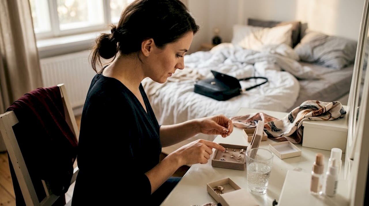 O femeie își alege bijuteriile perfecte pentru rochia sa elegantă, încercând să găsească accesoriile care să îi pună în valoare ținuta și să îi completeze stilul rafinat.
