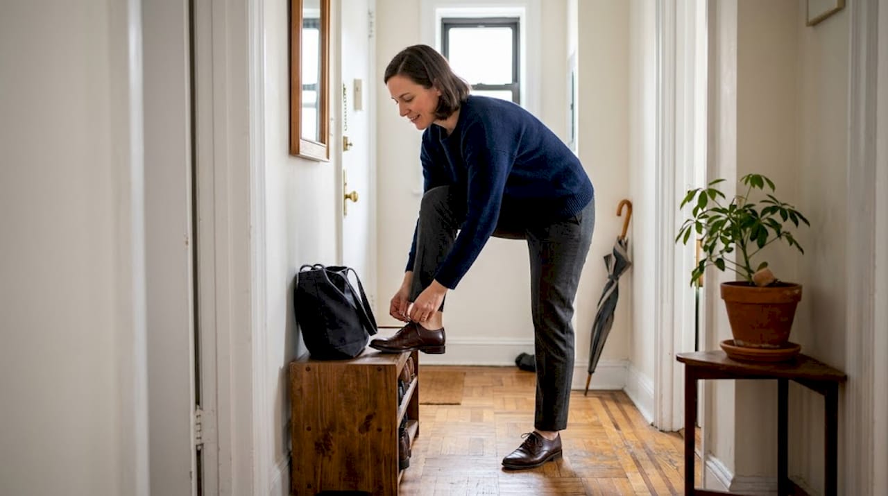 In de hal trekt een vrouw haar chique schoenen aan.